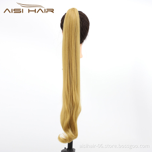 Aisi Hair Vendor Long Straight Curly Wave End Magic Paste Blonde Ponytail Hair Drawstring Synthetic Ponytail Hair Extension